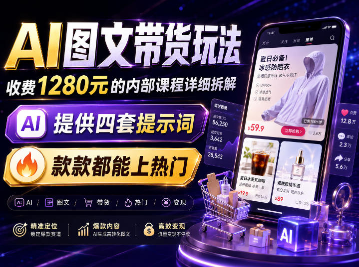 AI图文带货内部玩法,1280内部课程对外系统拆解,看完直接上手变现!-极客网创