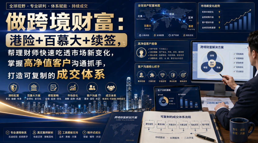 做跨境财富：港险+百慕大+续签，帮理财师快速吃透市场新变化，掌握高净值客户沟通抓手，打造可复制的成交体系-极客网创
