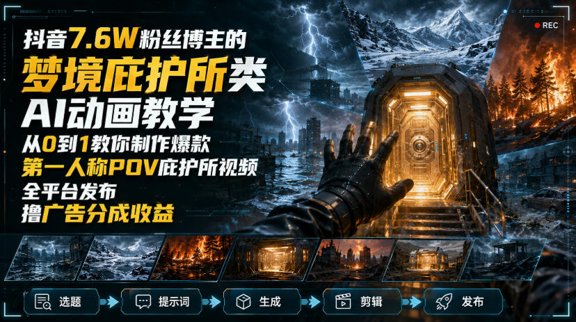 抖音7.6W粉丝博主的梦境庇护所类AI动画教学，从0到1教你制作爆款第一人称POV庇护所视频，全平台发布撸广告分成收益-极客网创