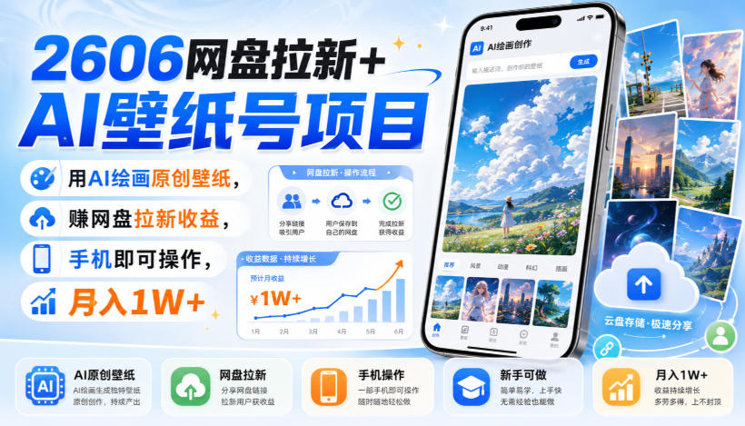 2606网盘拉新+AI壁纸号项目，用AI绘画原创壁纸，賺网盘拉新收益，手机即可操作，月入1W+-极客网创