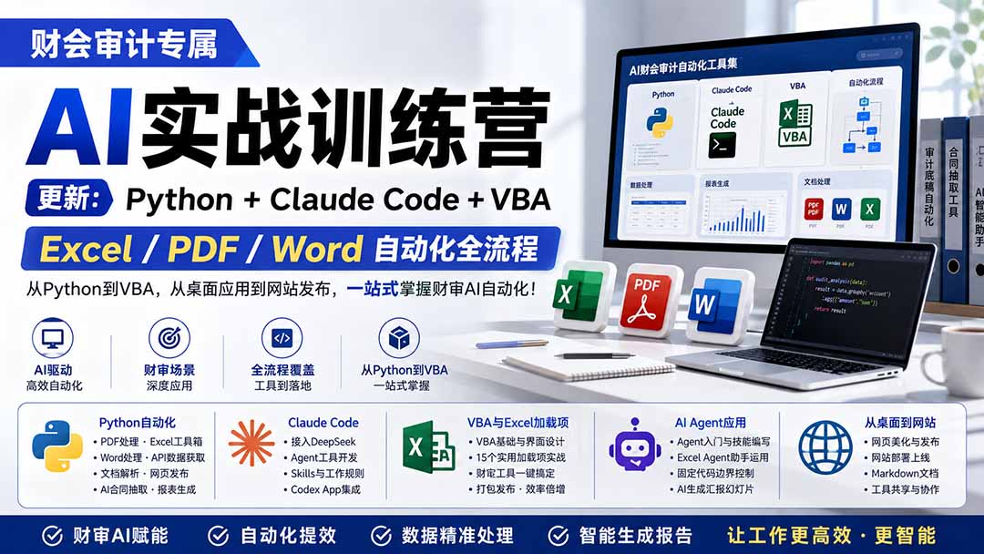 财会审计专属 AI实战训练营：Python+Claude Code+VBA，Excel/PDF/Word自动化全流程 (更新-极客网创