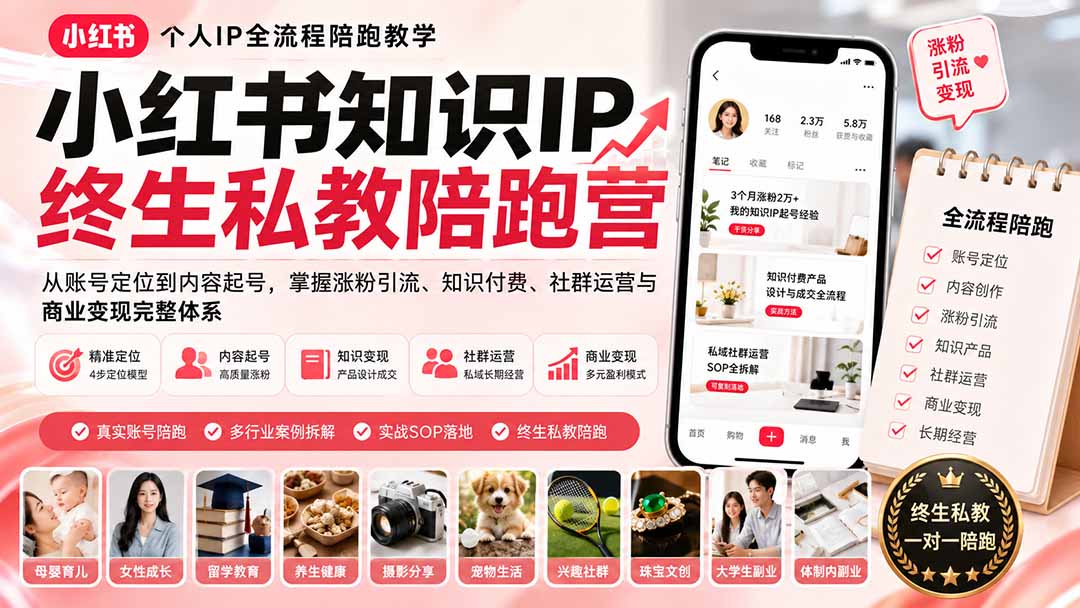 小红书知识IP终生私教陪跑营：从账号定位到内容起号，掌握涨粉引流、知识付费、社群运营与商业变现完整体系-极客网创