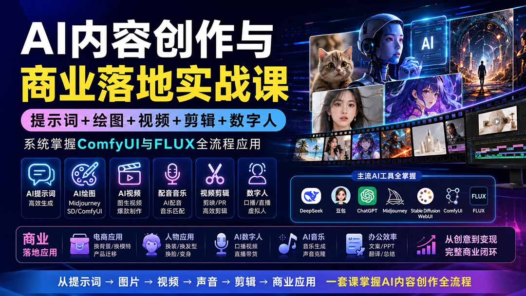 AI内容创作与商业落地实战课：提示词+绘图+视频+剪辑+数字人，系统掌握ComfyUI与FLUX全流程应用-极客网创