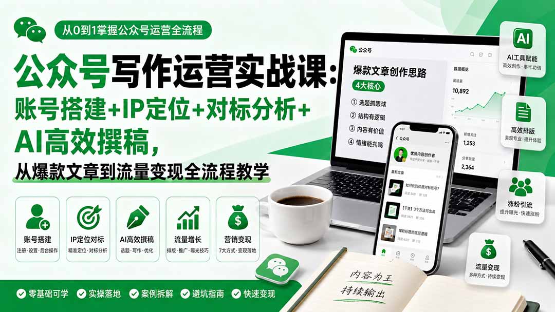 公众号写作运营实战课：账号搭建+IP定位+对标分析+AI高效撰稿，从爆款文章到流量变现全流程教学-极客网创