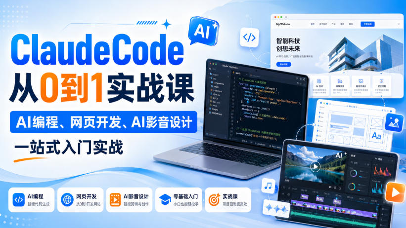 ClaudeCode从0到1实战课，AI编程、网页开发、AI影音设计一站式入门实战-极客网创