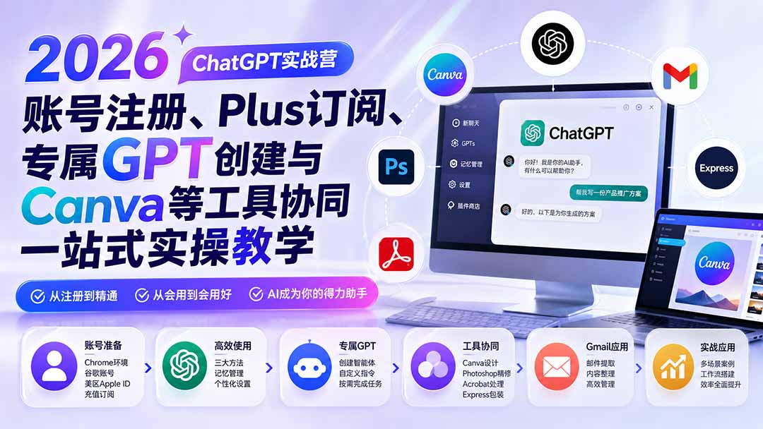 2026 ChatGPT实战营;账号注册、Plus订阅、专属GPT创建与Canva等工具协同一站式实操教学-极客网创