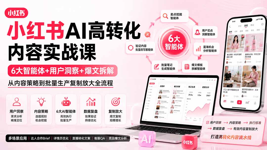 小红书AI高转化内容实战课：6大智能体+用户洞察+爆文拆解，从内容策略到批量生产复制放大全流程-极客网创