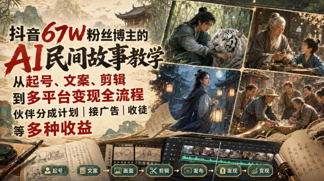 抖音67W粉丝博主的AI民间故事教学，从起号、文案、剪辑到多平台变现全流程，伙伴分成计划接广告等多种收益，月入1W+-极客网创