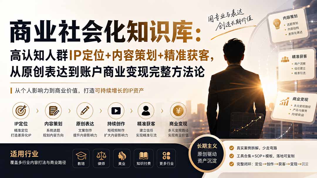 商业社会化知识库：高认知人群IP定位+内容策划+精准获客，从原创表达到账户商业变现完整方法论-极客网创