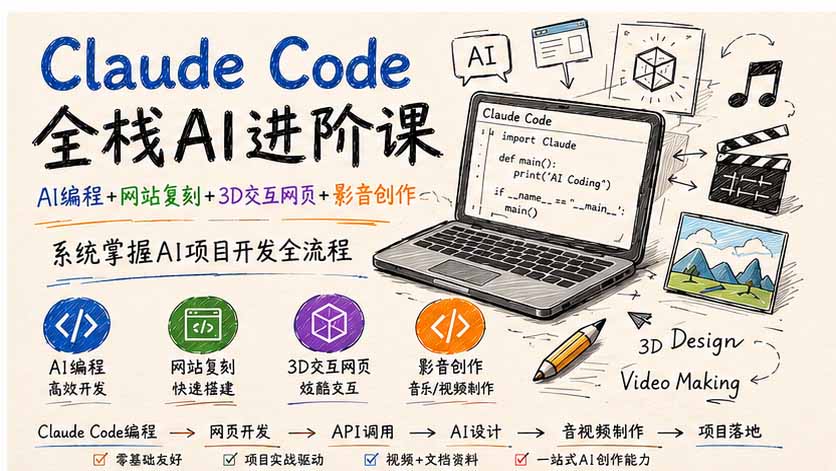 Claude Code全栈AI进阶课;AI编程+网站复刻+3D交互网页+影音创作,系统掌握AI项目开发全流程-极客网创