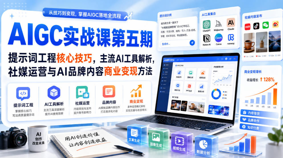 刺猬星球·AIGC实战课第五期,提示词工程核心技巧,主流AI工具解析,社媒运营与AI品牌内容商业变现方法-极客网创
