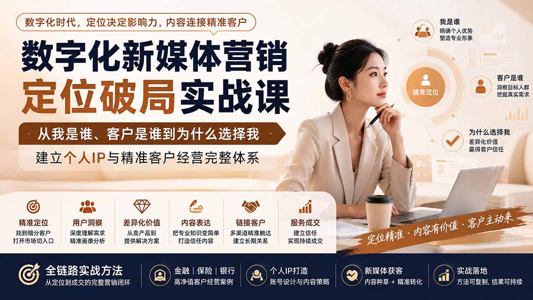 数字化新媒体营销定位破局实战课：从我是谁、客户是谁到为什么选择我，建立个人IP与精准客户经营完整体系-极客网创
