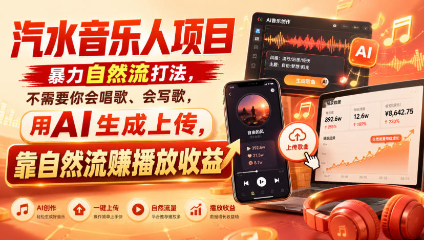 汽水音乐人项目，暴力自然流打法，不需要你会唱歌、会写歌，用AI生成上传，靠自然流賺播放收益-极客网创