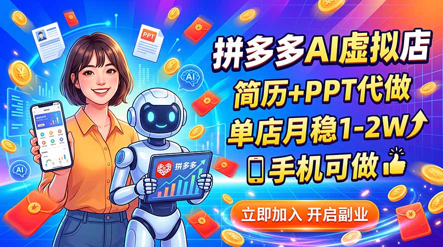 拼多多AI虚拟店，简历+PPT代做，单店月稳1-2W，手机可做-极客网创