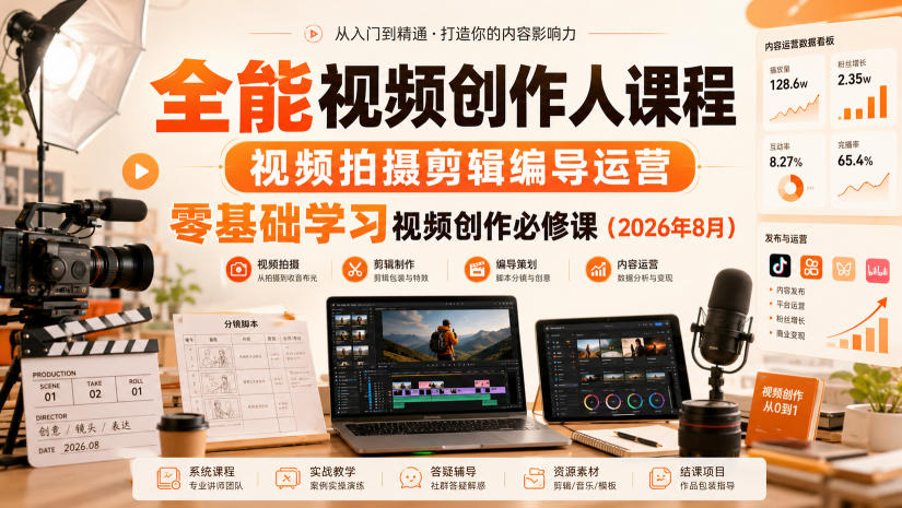 全能视频创作人课程，视频拍摄剪辑编导运营，零基础学习视频创作必修课(2026年8月)-极客网创