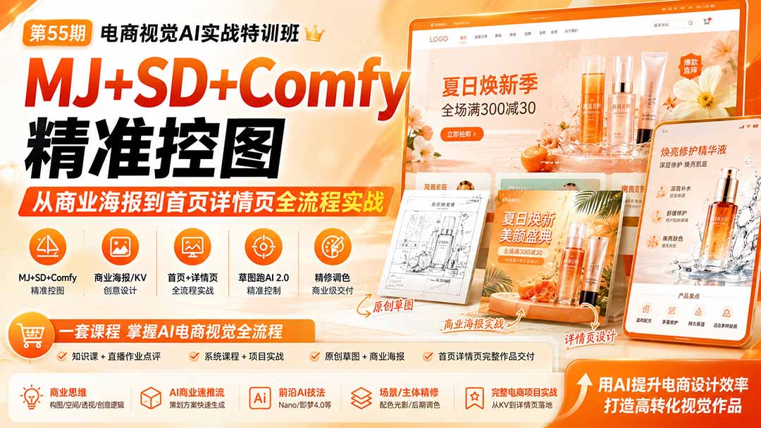 电商视觉 AI实战训练营第55期：MJ+SD+Comfy精准控图，从商业海报到首页详情页全流程实战-极客网创