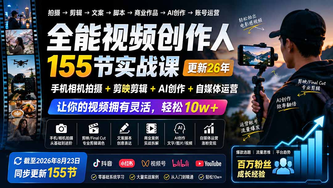 全能视频创作人155节实战课-更新26年8月：手机相机拍摄+剪映剪辑+AI创作+自媒体运营，让你的视频拥有灵活，轻松10w-极客网创