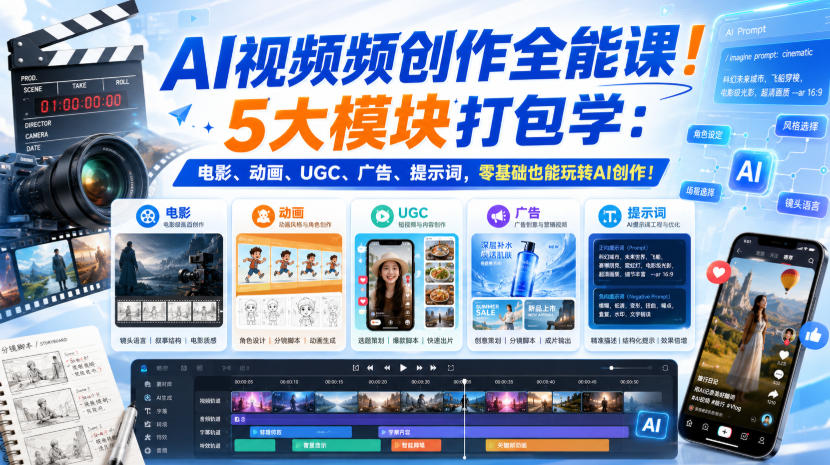 AI视频频创作全能课！5大模块打包学：电影、动画、UGC、广告、提示词，零基础也能玩转AI创作！【原创双语字幕】-极客网创