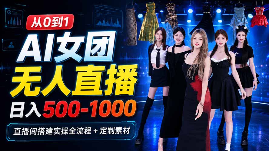 AI 女团无人直播，躺入500-1000每天，直播间搭建实操全流程+定制素材-极客网创