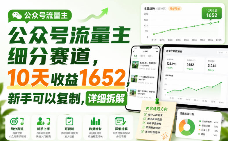 公众号流量主细分赛道，10天收益1652，新手可以复制，详细拆解-极客网创