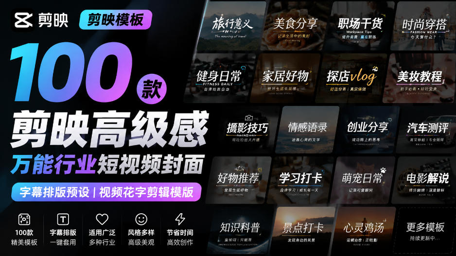 【剪映模板】100款剪映高级感万能行业短视频封面字幕排版预设视频花字剪辑模版-极客网创