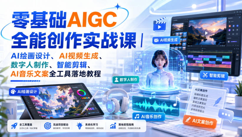 零基础AIGC全能创作实战课｜AI绘画设计、AI视频生成、数字人制作、智能剪辑、AI音乐文案全工具落地教程-极客网创
