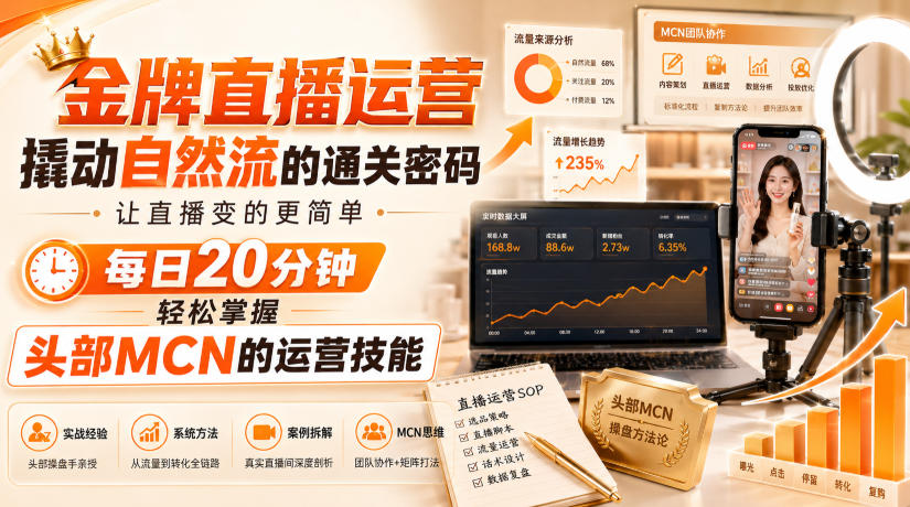 金牌直播运营撬动自然流的通关密码，让直播变的更简单，每日20分钟，轻松掌握头部MCN的运营技能-极客网创