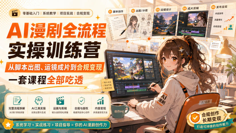 AI漫剧全流程实操训练营,从脚本出图、运镜成片到合规变现,一套课程全部吃透-极客网创