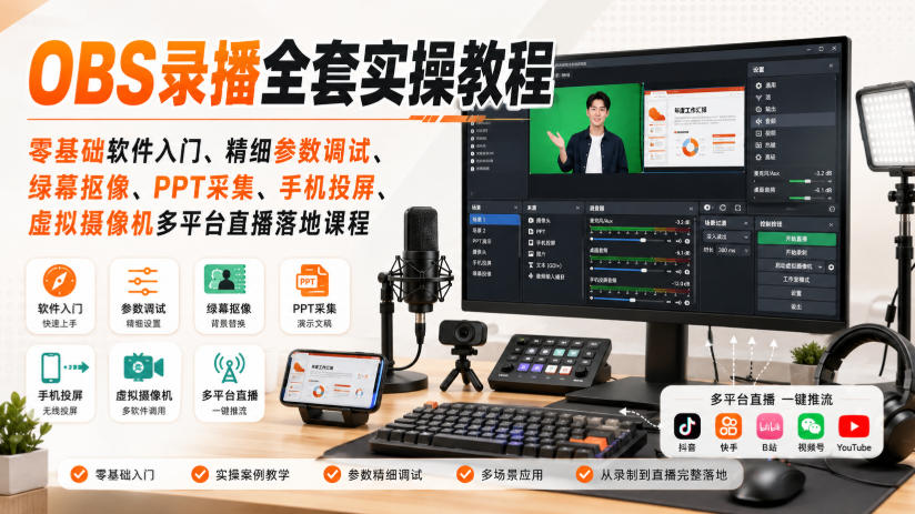 OBS录播全套实操教程|零基础软件入门、精细参数调试、绿幕抠像、手机投屏、虚拟摄像机多平台直播落地课程-极客网创