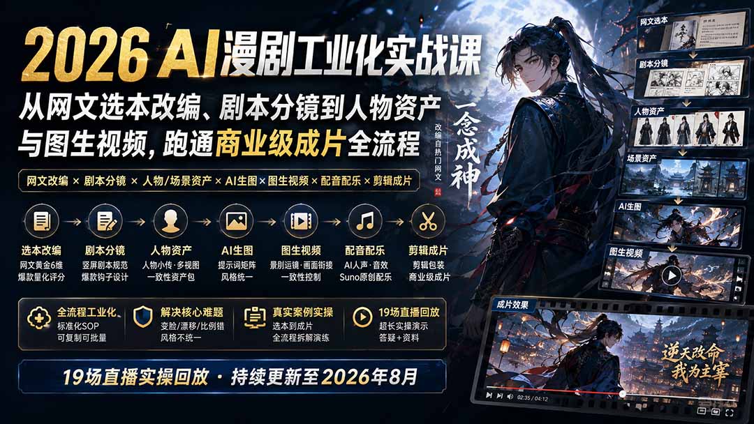 2026 AI漫剧工业化实战课-更新：从网文选本改编、剧本分镜到人物资产与图生视频，跑通商业级成片全流程-极客网创