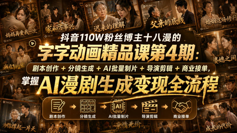 抖音110W粉丝博主十八漫的字字动画精品课第4期:剧本创作+分镜生成+剪辑+商业接单,掌握AI漫剧生成变现全流程-极客网创
