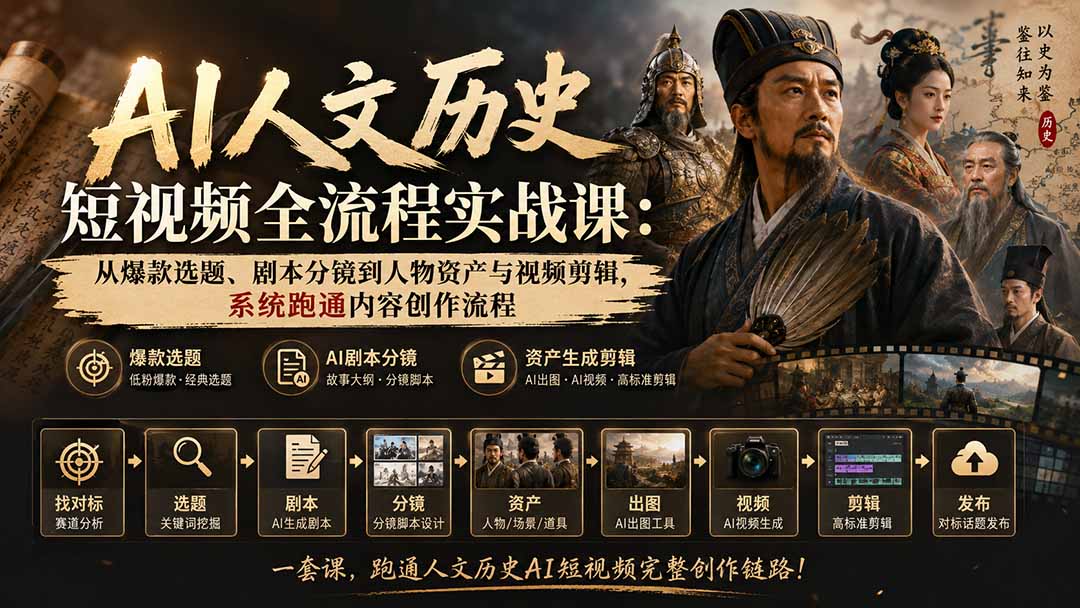 AI人文历史短视频全流程实战课：从爆款选题、剧本分镜到人物资产与视频剪辑，系统跑通内容创作流程-极客网创