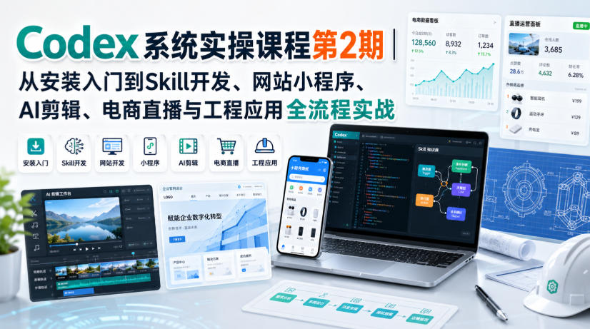 Codex系统实操课程第2期｜从安装入门到Skill开发、网站小程序、AI剪辑、电商直播与工程应用全流程实战-极客网创