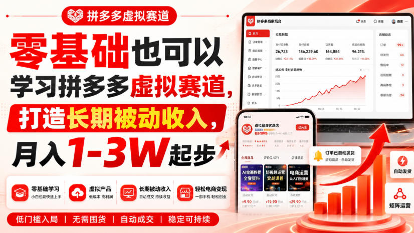 零基础也可以学习拼多多虚拟赛道，打造长期被动收入，月入1-3W起步-极客网创