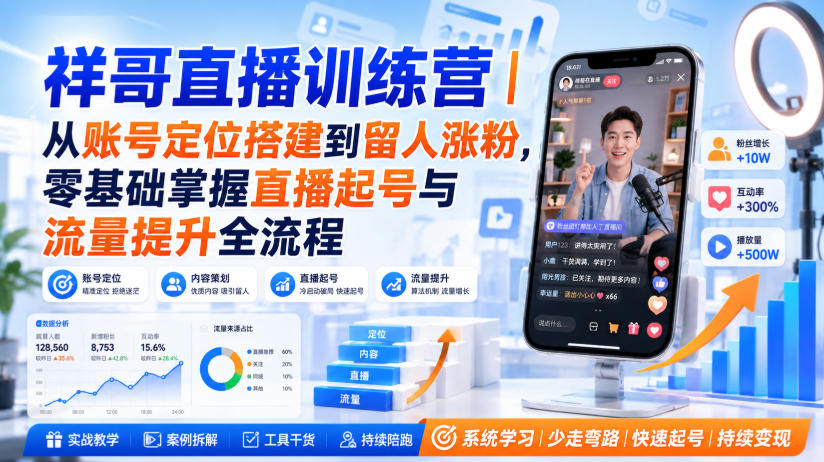 祥哥直播训练营|从账号定位搭建到留人涨粉,零基础掌握直播起号与流量提升全流程-极客网创