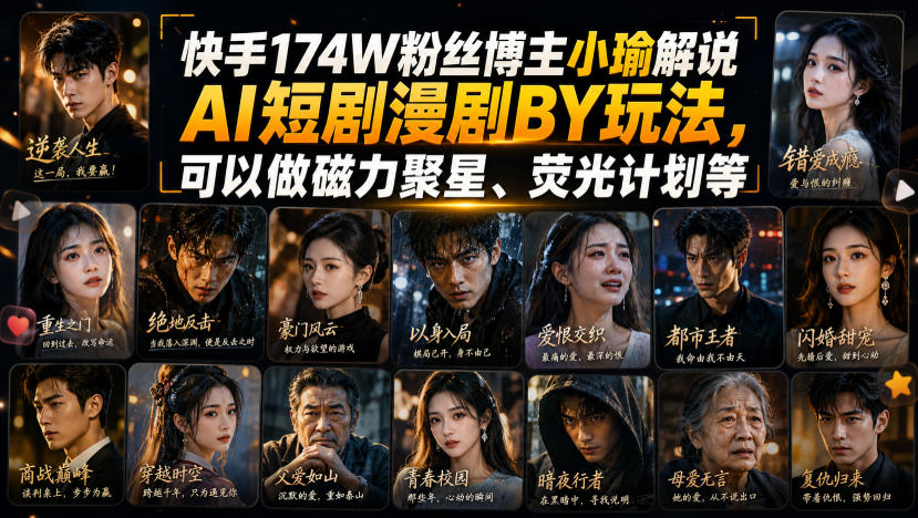 快手174W粉丝博主小瑜解说AI短剧漫剧搬运玩法，可以做磁力聚星、荧光计划等-极客网创