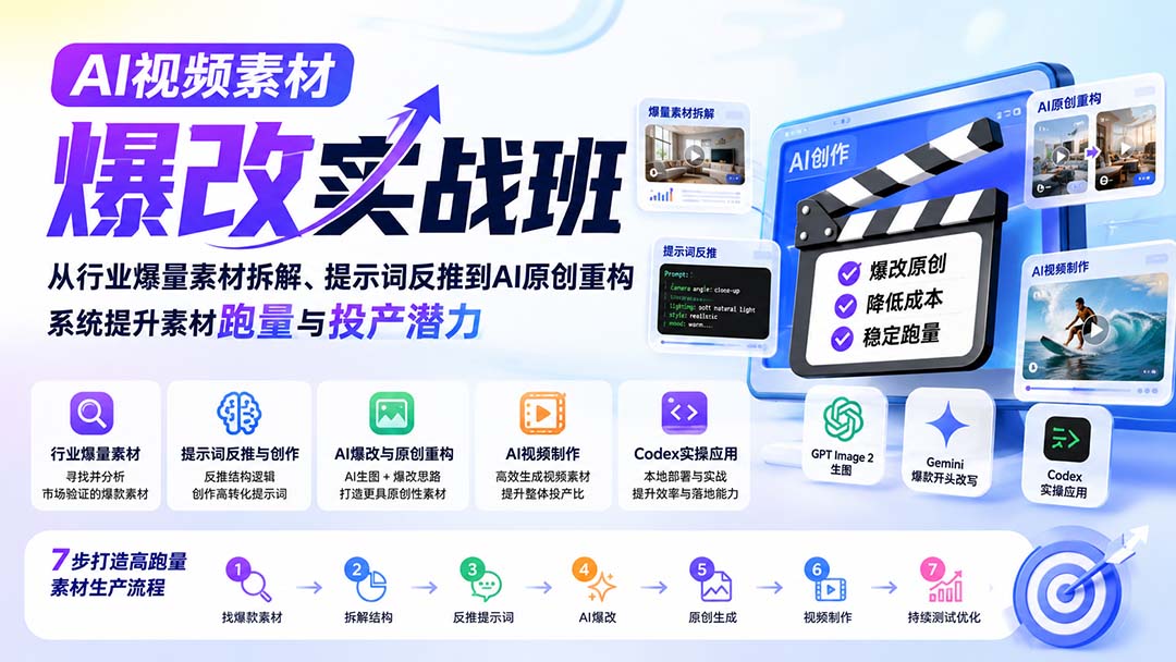 AI视频素材爆改实战班-更新8月：从行业爆量素材拆解、提示词反推到AI原创重构，系统提升素材跑量与投产潜力-极客网创