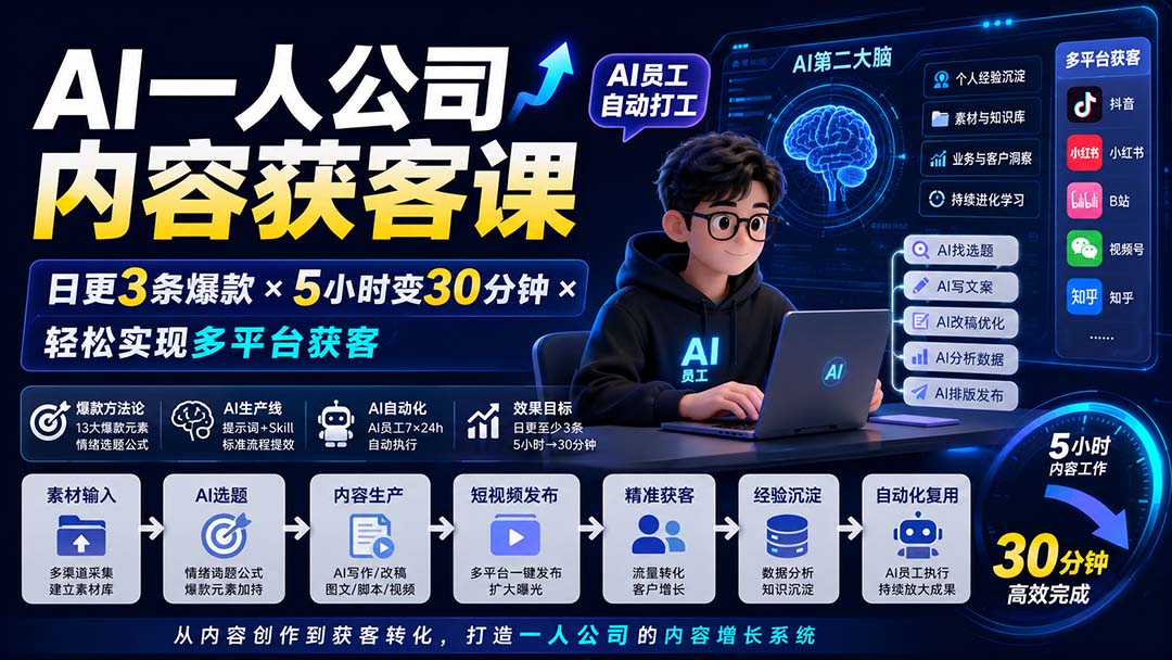 AI一人公司内容获客课-更新8月：日更3条爆款×5小时变30分钟×AI员工自动打工，轻松实现多平台获客-极客网创