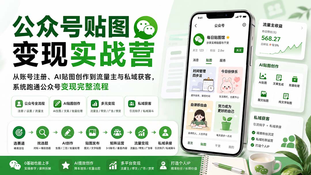 公众号贴图变现实战营：从账号注册、AI贴图创作到流量主与私域获客，系统跑通公众号变现完整流程-极客网创