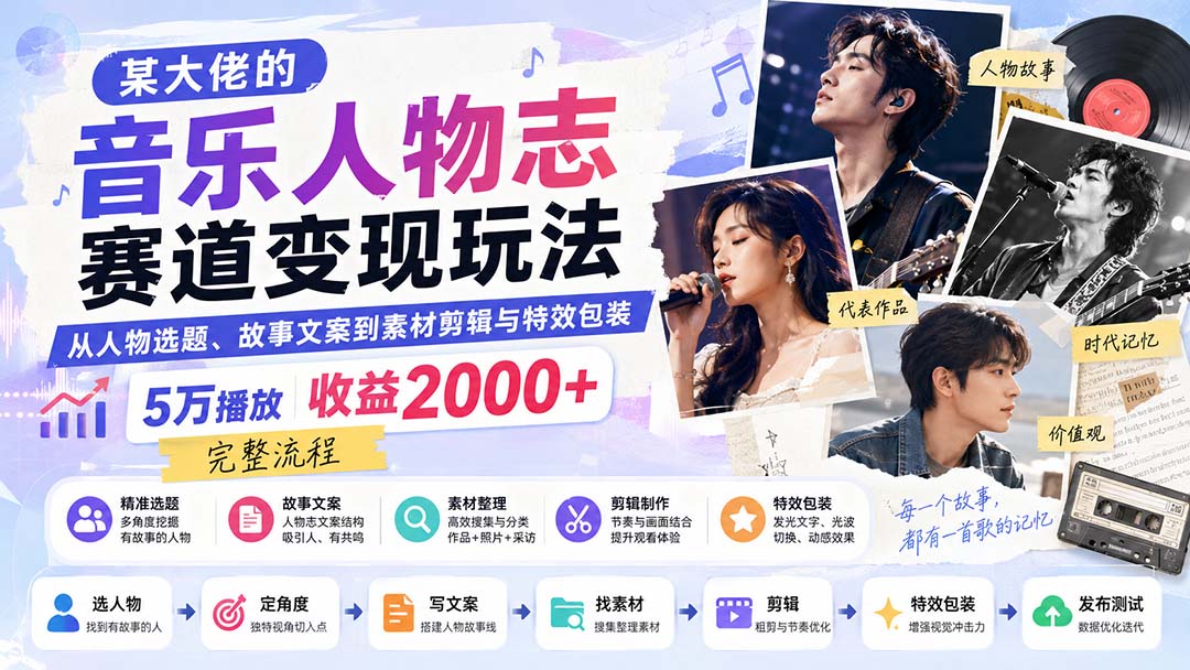 某大佬的音乐人物志赛道变现玩法:从人物选题、故事文案到素材剪辑与特效包装,5万播放收益2000+完整流程-极客网创