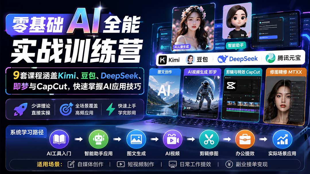 零基础AI全能实战训练营：9套课程涵盖Kimi、豆包、DeepSeek、即梦与CapCut，快速掌握AI应用技巧-极客网创