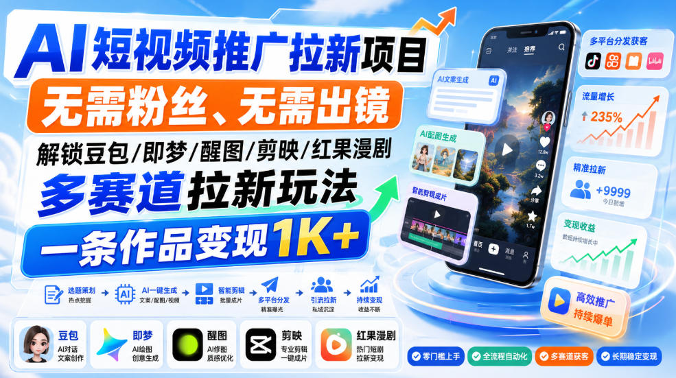 AI短视频推广拉新项目，无需粉丝、无需出镜，解锁豆包/即梦/醒图/剪映/红果漫剧多赛道拉新玩法，一条作品变现1K+-极客网创