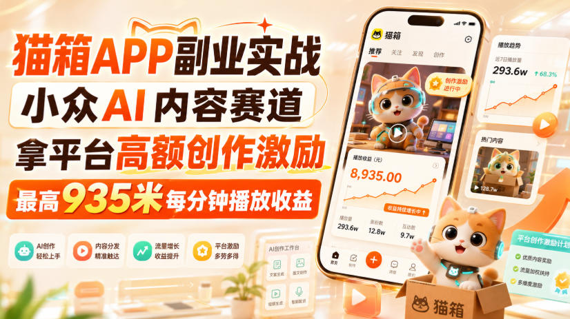 猫箱APP副业实战，小众AI内容赛道，拿平台高额创作激励，最高935米每分钟播放收益-极客网创