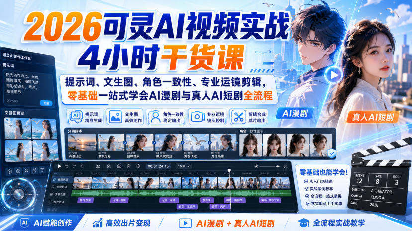 2026可灵AI视频实战4小时干货课｜提示词、文生图、角色一致性、专业运镜剪辑，零基础一站式学会AI漫剧与真人AI短剧全流程-极客网创