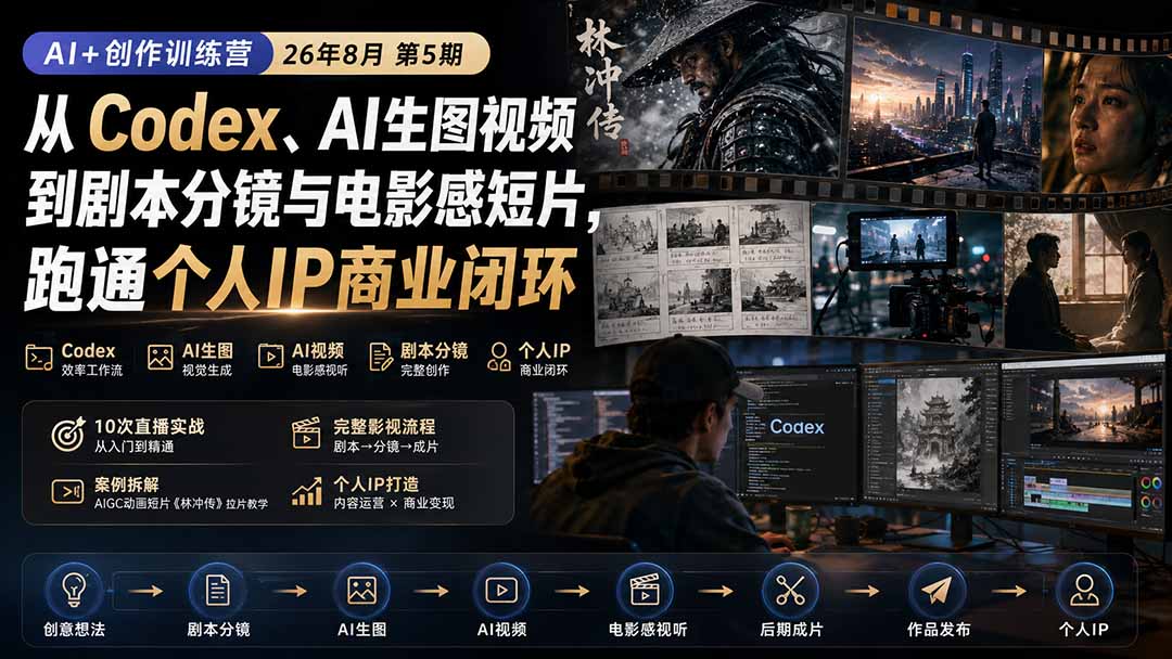 AI+创作训练营26年8月第5期：从Codex、AI生图视频到剧本分镜与电影感短片，跑通个人IP商业闭环-极客网创