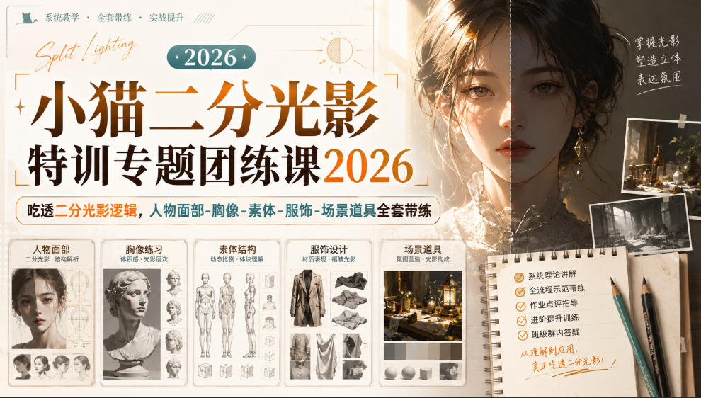 小猫二分光影特训专题团练课2026｜吃透二分光影逻辑，人物面部‑胸像‑素体‑服饰‑场景道具全套带练，高清画质附赠课件与笔刷-极客网创