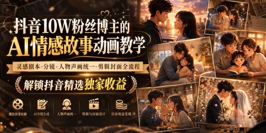 抖音10W粉丝博主的AI情感故事动画教学,灵感剧本‑分镜‑人物声画统一‑剪辑封面全流程,解锁抖音精选独家收益-极客网创