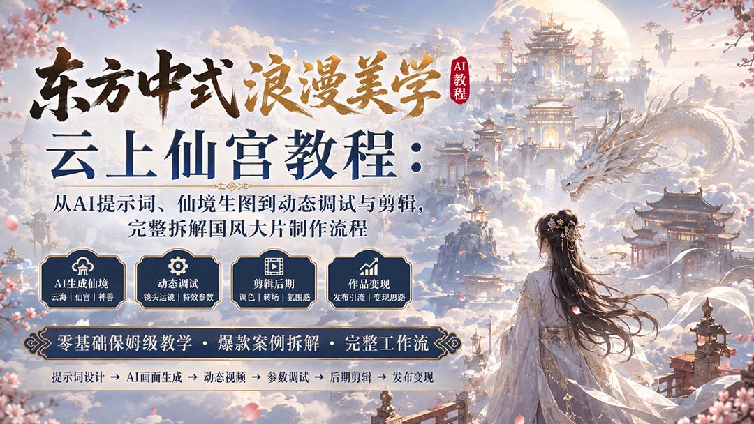东方中式浪漫美学云上仙宫教程：从AI提示词、仙境生图到动态调试与剪辑，完整拆解国风大片制作流程-极客网创