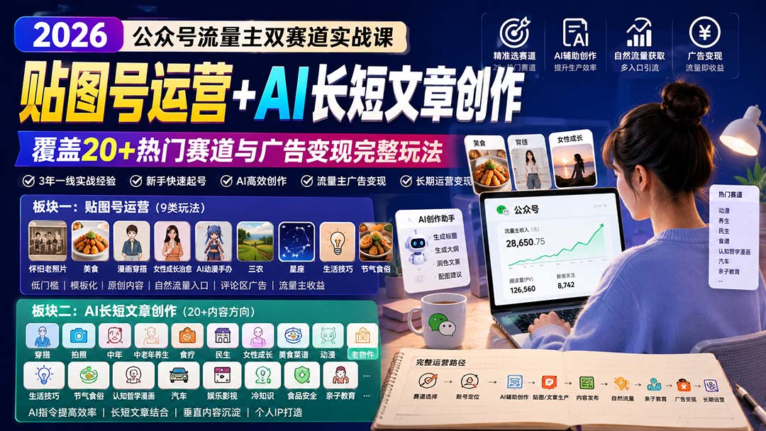 公众号流量主双赛道实战课：贴图号运营+AI长短文章创作，覆盖20+热门赛道与广告变现完整玩法-极客网创