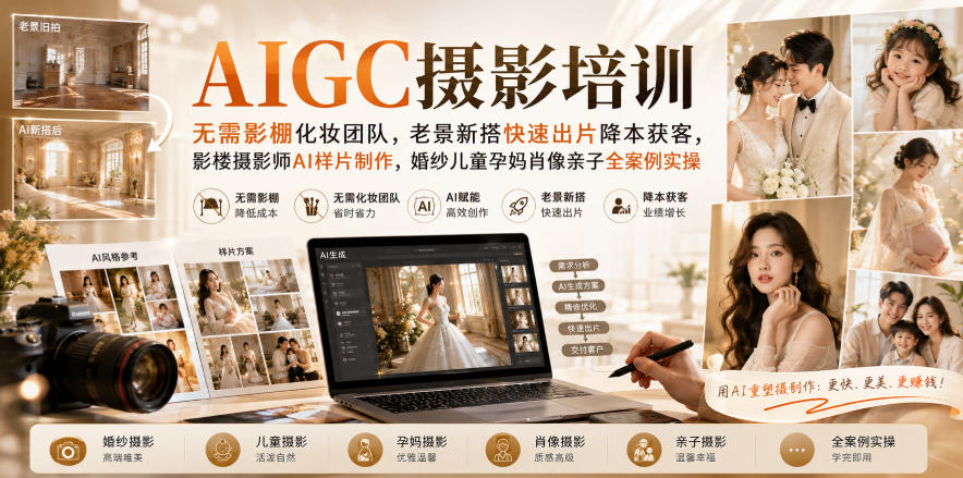AIGC摄影培训｜无需影棚化妆团队，老景新搭快速出片降本获客，影楼摄影师AI样片制作，婚纱儿童孕妈肖像亲子全案例实操-极客网创